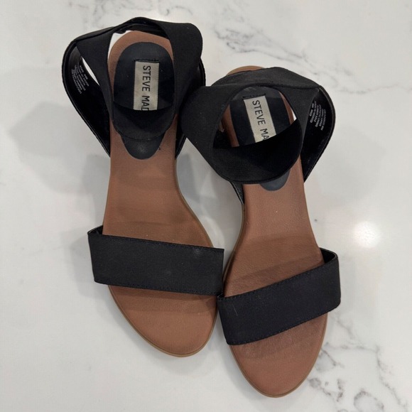 Steve Madden Black Elastic‎ Ankle Strap Platform Wedge Sandals Size 6M - Picture 1 of 6
